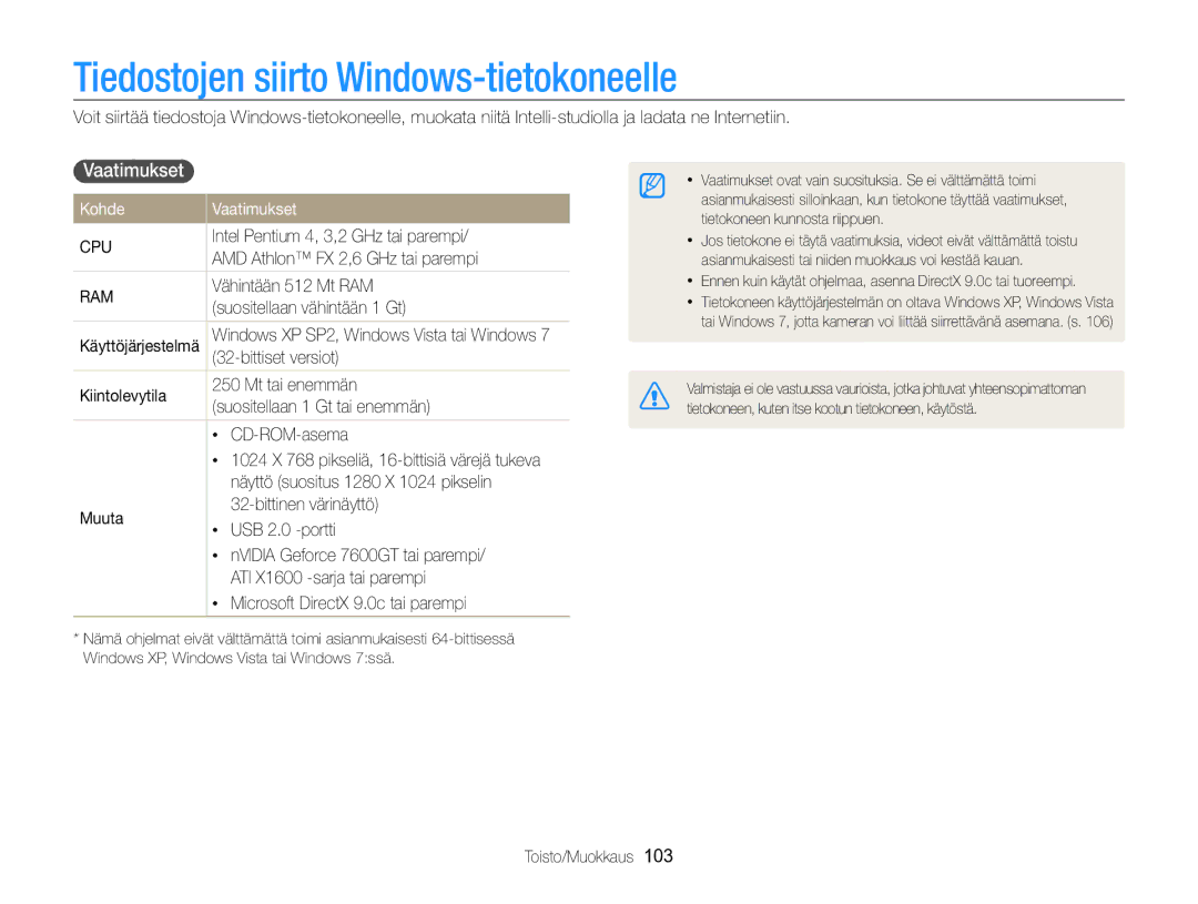 Samsung EC-MV800ZBPBE2 manual Tiedostojen siirto Windows-tietokoneelle, Vaatimukset , Kohde Vaatimukset 